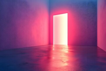 Fototapeta premium drzwi, otwarte, portal, metafora, przyszłość, wybór, zmiana, surrealizm, iluzja, tajemnica, przestrzeń, minimalizm, pastelowe tło, nowe możliwości, symbolika, nieznane, inspiracja, refleksja, światło,