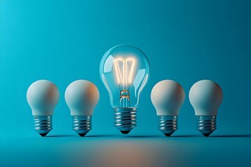 minimalizm, żarówka, świecąca żarówka, zgaszone żarówki, tło niebieskie, koncepcja kreatywności, innowacje, kreatywne myślenie, pomysł, inspiracja, symbol sukcesu, inteligencja, światło, nowoczesny de