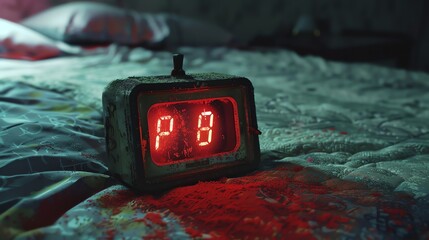 A retro alarm clock with a red digital display sits on a messy bed. The clock reads 1:08. The bed is covered in blood and other bodily fluids.