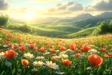 wiosna, łąka, zielona trawa, kwiaty polne, stokrotki, tulipany, maki, natura, przyroda, promienie słońca, sielanka, spokój, harmonia, wolność, świeże powietrze, błękitne niebo, przestrzeń, wiejski kra