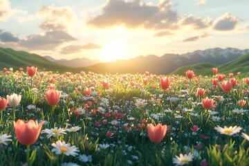 wiosna, łąka, zielona trawa, kwiaty polne, stokrotki, tulipany, maki, natura, przyroda, promienie słońca, sielanka, spokój, harmonia, wolność, świeże powietrze, błękitne niebo, przestrzeń, wiejski kra