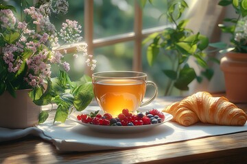 wiosna, śniadanie, jedzenie, natura, relaks, harmonia, slow life, zdrowy styl życia, piknik, świeże powietrze, herbata ziołowa, owoce, jagody, maliny, truskawki, croissanty, ciasto, słodkości, serwetk