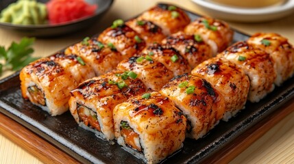 Grilled salmon sushi rolls served on a dark plate, garnished with green onions