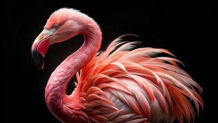 Obraz premium Pink Flamingo Macro Photography, Black Background, Closeup Bird, Exotic Wildlife, Avian Portrait, Feather Detail, Isolated Pink Flamingo