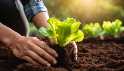 planting lettuce seedling in a garden