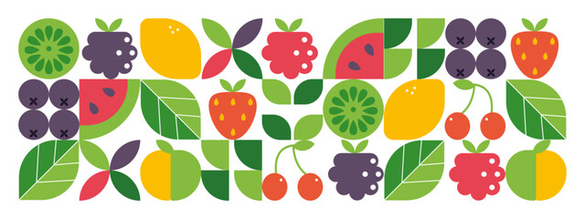 Abstract geometric background.  Fresh healthy food, Watermelon, strawberry, cherry, lemon, cranberry.
