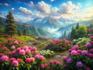 Fototapeta premium Pink Rhododendron Mountain Glade Summer Landscape - Breathtaking Nature Photography