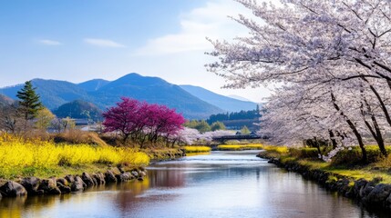 Obraz premium Serene Spring River Cherry Blossoms Mountains and Yellow Flowers