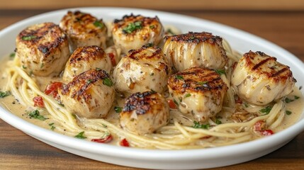 Grilled scallops over pasta in creamy sauce