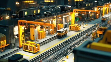 Fototapeta premium Night view of a miniature railway repair depot with trains and machinery.