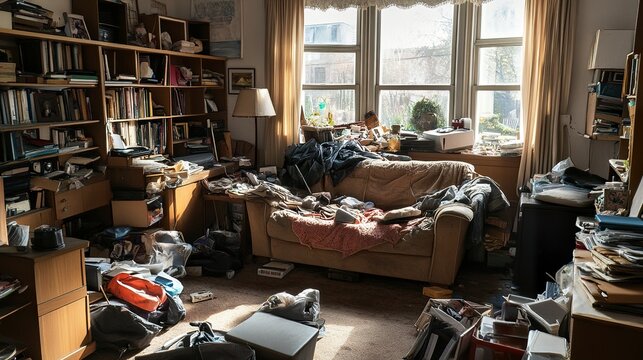 Messy living room featuring a dusty, dirty sofa, scattered belongings on the floor, cluttered tables and disorganized shelves, creating a sense of chaos and neglect. 