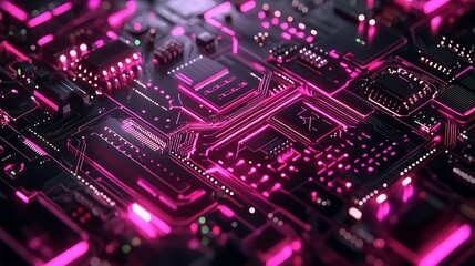 Obraz premium Close-up view of a circuit board with glowing components. Complex network of interconnected chips and pathways
