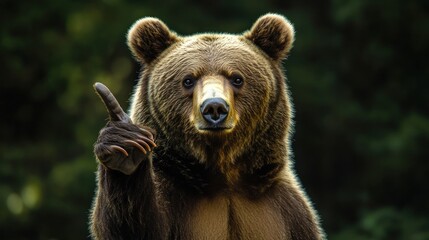 Fototapeta premium Portrait of a funny brown bear showing a peace gesture