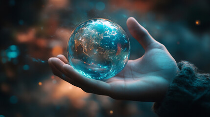 A hand holding a glowing orb with a map inside against a blurred colorful background scene outdoors