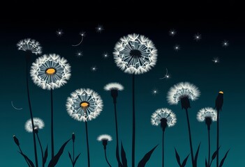 Obraz premium Elegant silhouettes of dandelion flowers in full bloom and seed head stages, vector illustration, background, design