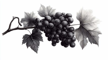 Obraz premium Monochromatic Grape Cluster and Leaves Artful Still Life on White Backdrop
