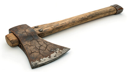 Old rusty axe with a weathered wooden handle, isolated on a white background.