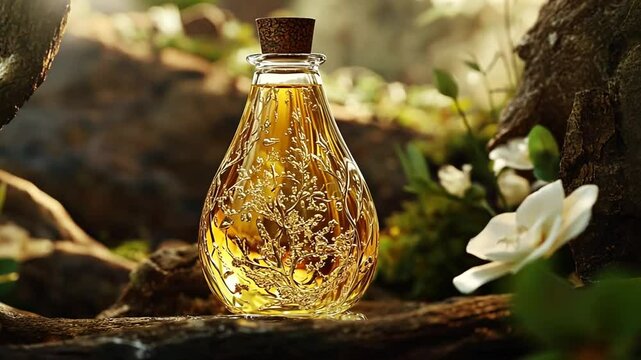 A beautifully crafted glass bottle of golden elixir set within a natural, floral forest scene.