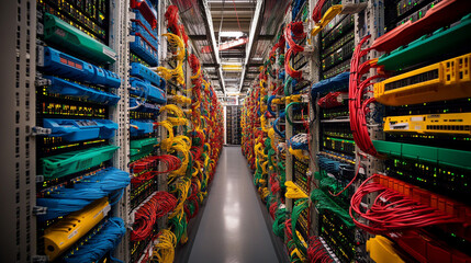 A long view down a server room aisle with colorful cables and servers on both sides of the walkway