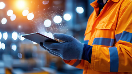 worker in orange safety jacket and gloves uses tablet, surrounded by blurred industrial background, showcasing technology