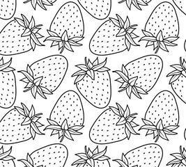 Black and white pattern with strawberries. Vector seamless background Strawberries on a white background. Linear black and white hand-drawn illustration. Print for printing on surfaces, paper, fabric.