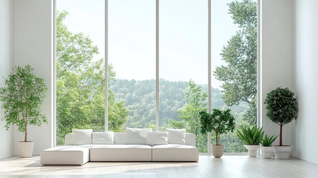 Minimalist living room with wall-spanning windows looking out to nature, simple yet elegant furniture, and decorative plants placed throughout for a calming, modern feel.  