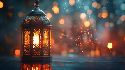 Ornate lantern casting a warm glow with bokeh lights in the background creating a festive ambiance