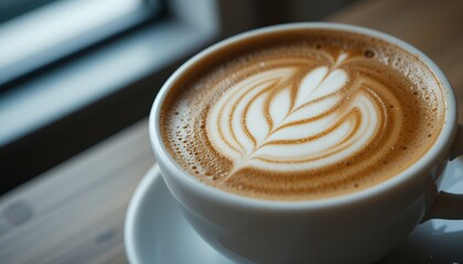 Aromatic Latte Art: Close-Up of a Perfectly Crafted Coffee Beverage with Intricate Leaf Design