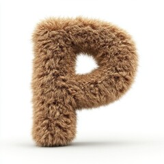 Puffy fur letter P in realistic brown texture in 3D style isolated on white background. Branding, creative typography, design element, visual, ads