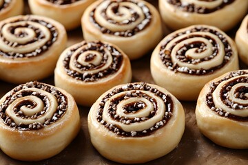 Fototapeta premium Delicious Chocolate Swirl Pastry Buns Closeup