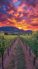 Fototapeta premium A picturesque vineyard with rows of grapevines under a golden sunset sky pic