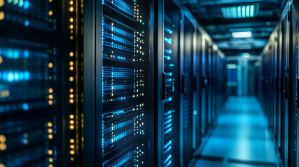 Fototapeta premium A view down a server room aisle with rows of illuminated servers and blue lighting effects