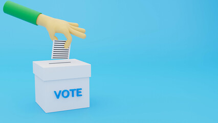 3D Illustration of Voting – Hand Casting a Ballot into the Box, Symbolizing Democracy, Elections, and the Power of Every Vote