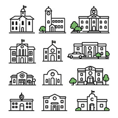 カラフルな公共施設と病院のアイコンセット｜Colorful Public and Hospital Icons
