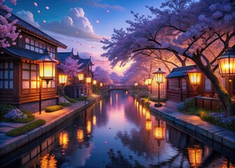 Serene Dusk Riverscape: Floating Lanterns & Cherry Blossoms - Calm Water Photography