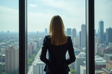 Empowered Businesswoman in Bold Suit Posing by City View Window, Exuding Confidence and Drive in Corporate Environment