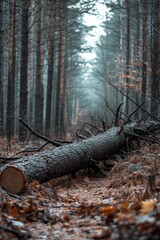 Fototapeta premium A fir tree has fallen in the center of the woods, forming an obstacle in nature.