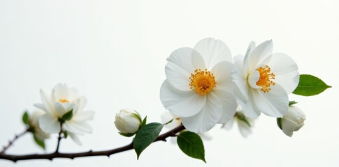 Fototapeta premium Elegant white camellia blossoms in full bloom, contrasted against a stark white background, bloom, camellia, flower