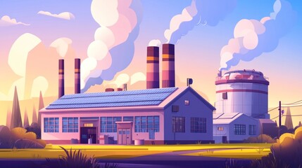 Obraz premium Industrial factory with solar panels and smokestacks at sunset.