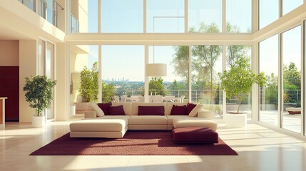 Fototapeta premium Modern interior design with a beige sofa complemented by rich burgundy accents, clean furniture, and expansive windows, perfect for stylish interior mockups and ads. 