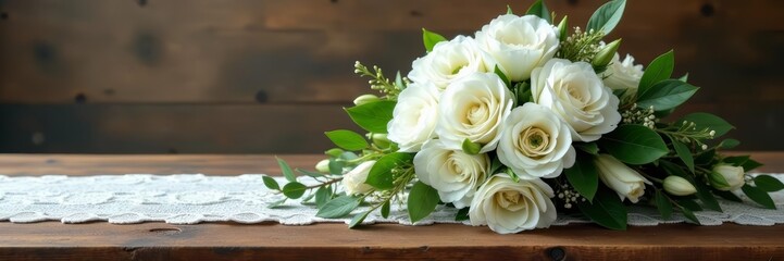 Fototapeta premium Elegant white floral arrangement on rustic wooden table with lace runner, elegant, lace, wooden
