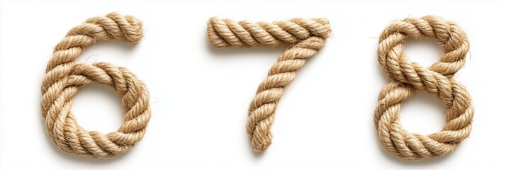 3 numbers in jute style, isolated on a white background, 678 written with rope letters, numbers only, no border around the numbers, white background.