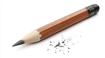Sharpened wooden pencil with graphite shavings on white background.