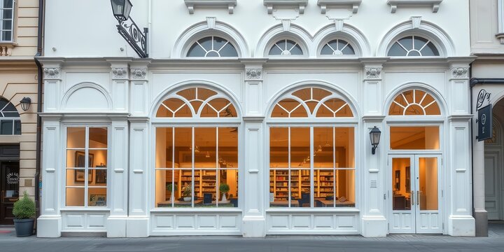 Elegant white storefront with arched windows, charming details, classic European style, france, white