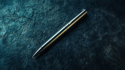 Sleek silver pen rests on a textured dark background.