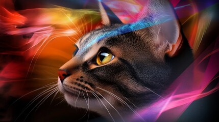 Elegant tabby cat portrait with captivating glowing neon light effects
