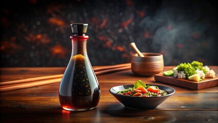 Soy Sauce Bottle Asian Cuisine Dark Wood Background Food Photography Stock Image