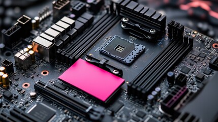 Detailed view of a contemporary motherboard featuring a CPU socket, power connectors, and vibrant heatsinks, showcasing the intricate design and technology found in computers