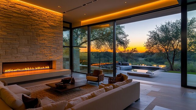 Modern living room with a sleek fireplace framed by minimalist stone, cozy seating arrangement, warm ambient lighting enhancing the inviting atmosphere, clean and elegant design. 
