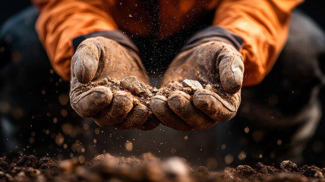 Close up of mining engineer hands holding soil and rocks, showcasing texture and details of earth. image conveys sense of hard